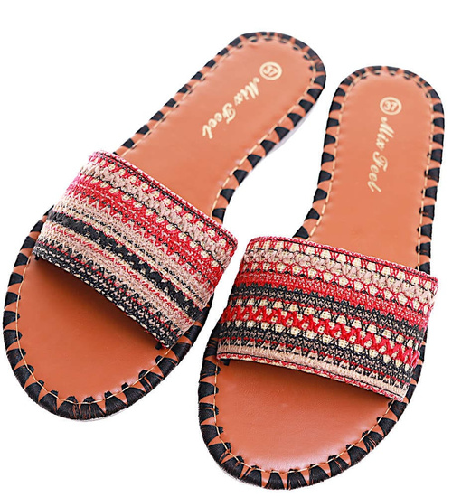 Płaskie klapki damskie z azteckim wzorem Black /B4-2 16354 G079/