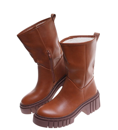 Wysokie karmelowe botki damskie z ociepleniem /E2-1 18229 T313/
