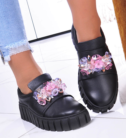 Czarne skórzane damskie trampki creepersy /B5-1 11692 N0200/