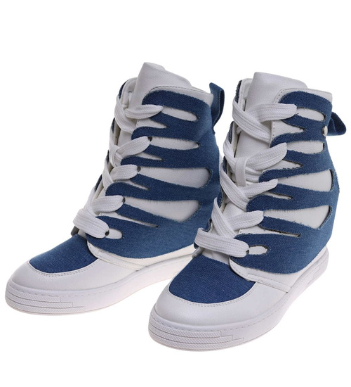 Sznurowane biało niebieskie trampki sneakersy koturnie /C4-3 18048 T284/