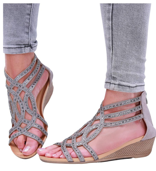 Srebrne damskie sandały na niskim koturnie /D7-2 13983 S292/