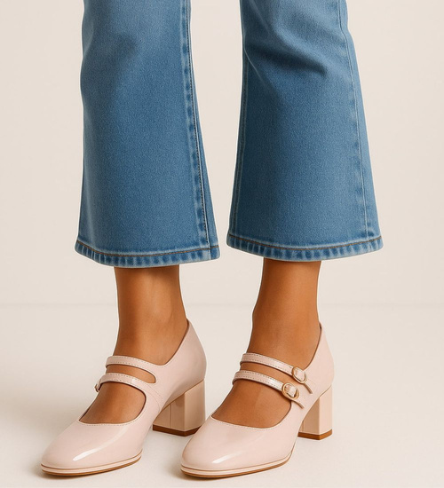 Beżowe czółenka na niskim obcasie z paskami /C7-2 17521  W182/