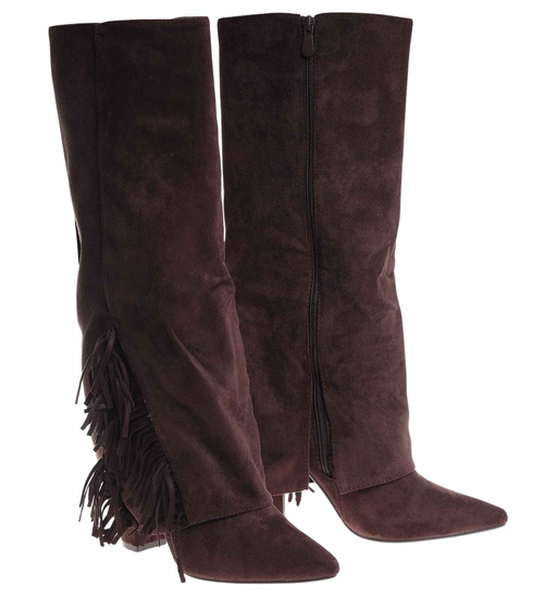 Czekoladowe kozaki boho do kolan na obcasie /F2-1 18586 G688/