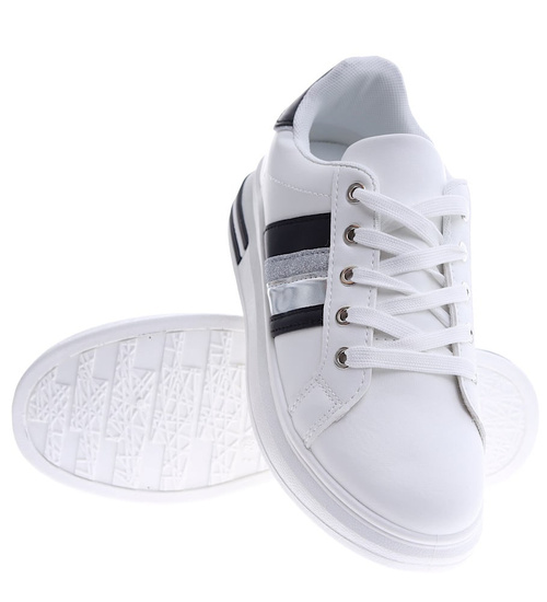 Białe sznurowane damskie trampki z pasami /F2-3 15166 T309/