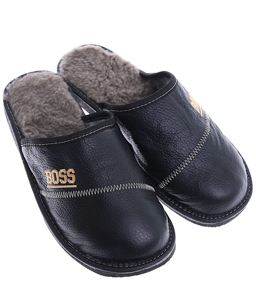 Ocieplane skórzane kryte klapki domowe BOSS Czarne /E8-1 15383 S199/