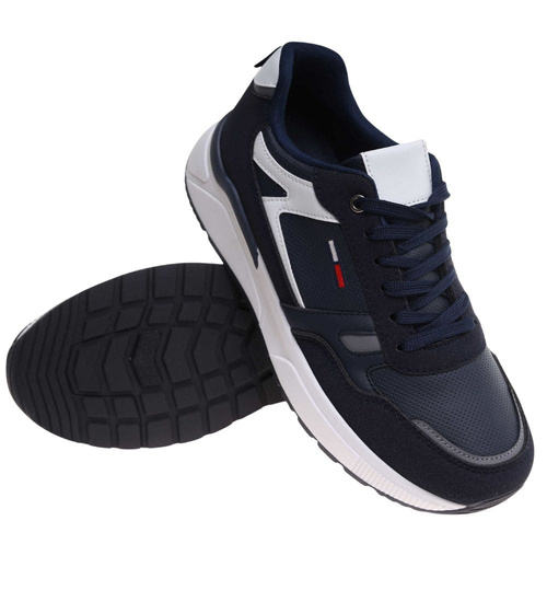 Sznurowane męskie granatowe buty sportowe /C1-1 18011 GF585/