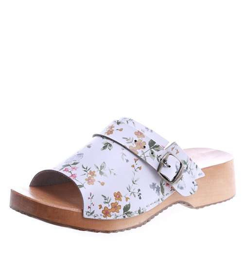 Drewniaki chodaki klapki BIAŁE w kwiatki /F1-1 7668 S496/ Drewniaki chodaki klapki BIAŁE w kwiatki /F1-1 7668 S496/
