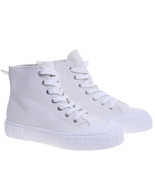 Białe wysokie trampki damskie z tkaniny /E9-3 15958 G157/
