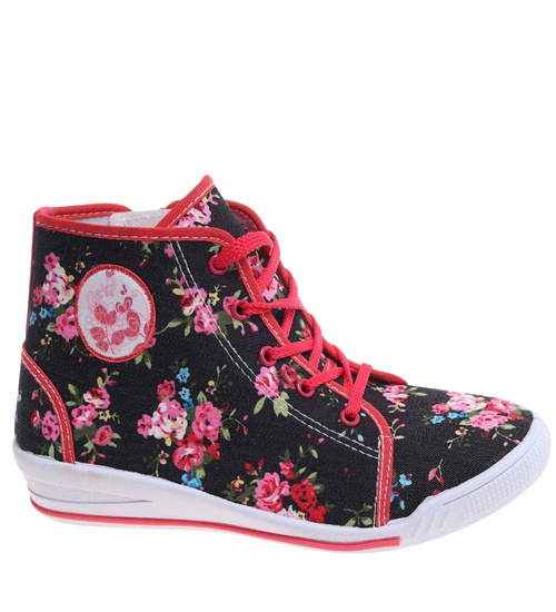 Wysokie dziewczęce trampki w kwiatki czarno-czerwone /A2-3 7544 S089/