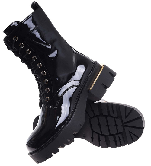 Lśniące botki glany w rockowym stylu Czarne /A2-1 18547 G388/