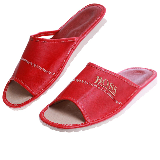 Skórzane męskie klapki domowe BOSS Czerwone /B5-1 17323 S199/