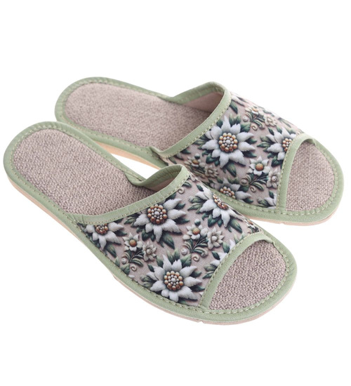 Kapcie z tkaniny z kwiatowym wzorem Zielone /D8-1 18591 S174/