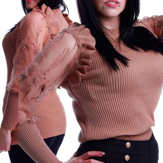 Bluzka z koronkowymi rękawami jasny brąz /H2 A3-1 UB539/ T450