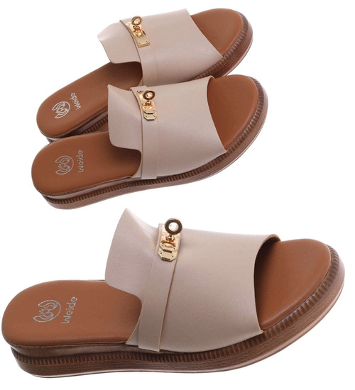 Klapki damskie beżowe na platformie /F9-3 17774 T232/