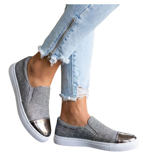 Wsuwane srebrne trampki damskie slip on /F3-2 15643 T180/