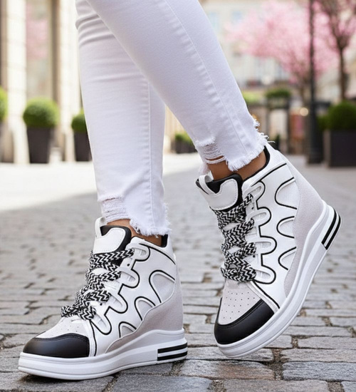 Sznurowane biało czarne trampki sneakersy na koturnie /F9-2 15779 D430/