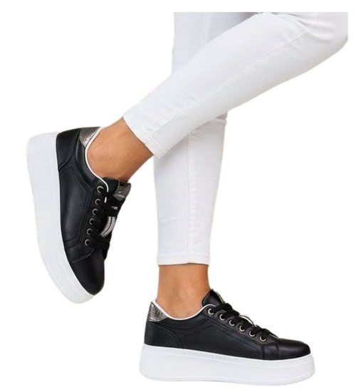 Czarne sznurowane damskie trampki na platformie /F6-2 16234 G360/