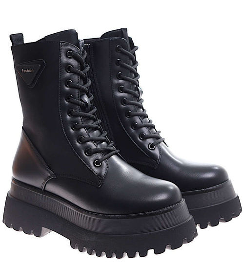 Czarne damskie botki glany trapery na platformie /F1-2 16957 T966/