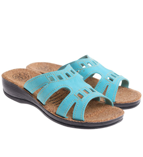 Turkusowe klapki na niskim obcasie /H2 14310 T005/