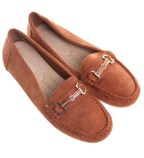 Zamszowe karmelowe baleriny lordsy z ozdobą /H2 18474 W9-84/