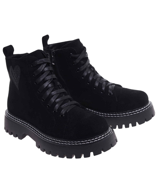 Czarne sznurowane botki trapery na platformie /F7-2 18247 W437/