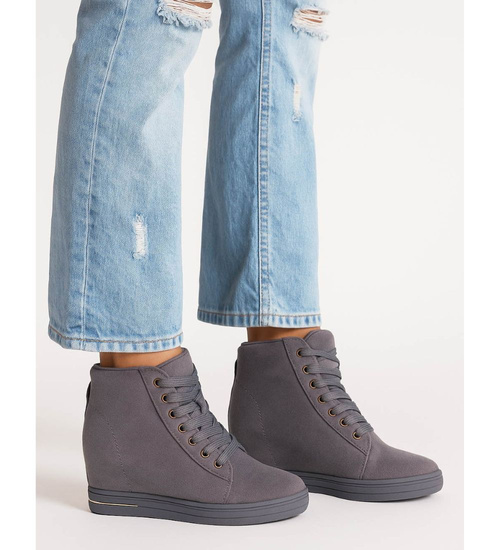 Szare sneakersy damskie na koturnie /D1-1 12768 T397/