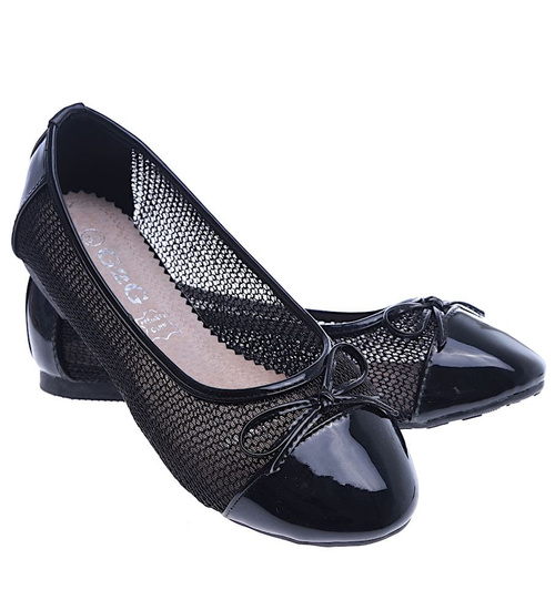 Czarne ażurowe balerinki z kokardką /G6-2 5134 S180/