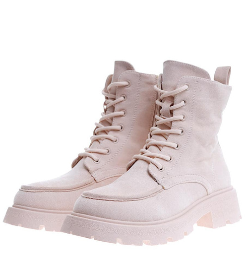 Wiązane damskie beżowe botki trapery /E4-3 15182 T428/