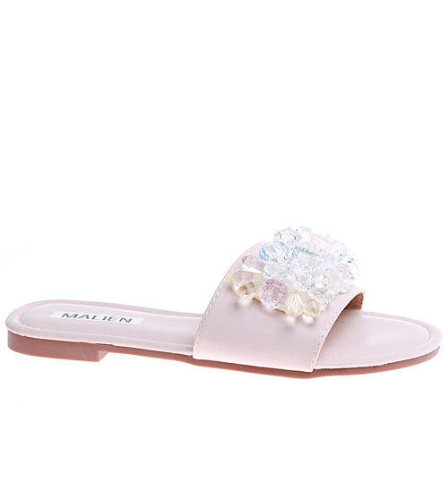 Beżowe płaskie klapki damskie z kamieniami /C6-2 16164 T287/