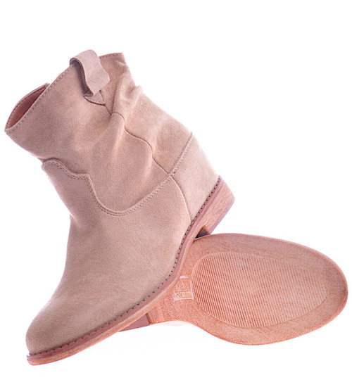 Zamszowe botki damskie na niskim koturnie Beżowe /A5-3+H2 12518 KH T266/