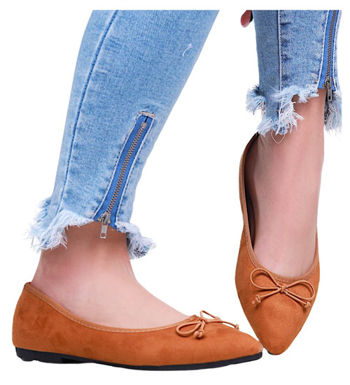 Camelowe baleriny damskie z kokardką/A3-2 16010 T181/