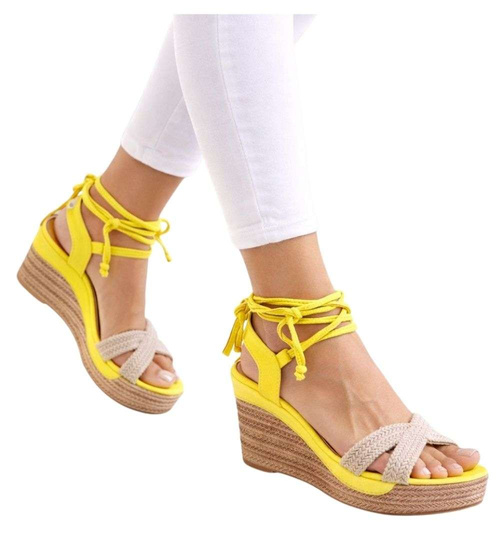 Żółte sandały na koturnie i platformie /F9-3 14065 S243/