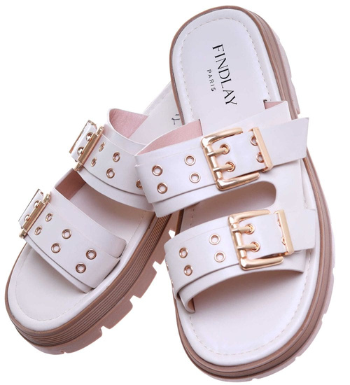 Beżowe klapki klamerki na niskiej platformie /C7-3 17660  G289/