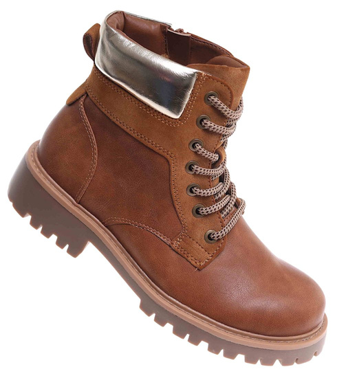 Sznurowane ocieplane botki trapery Karmelowe /E8-2 18266 W432/