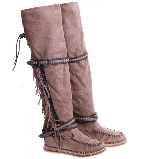 Wysokie kozaki boho na ukrytym koturnie Khaki /D2-1 14926  T239/