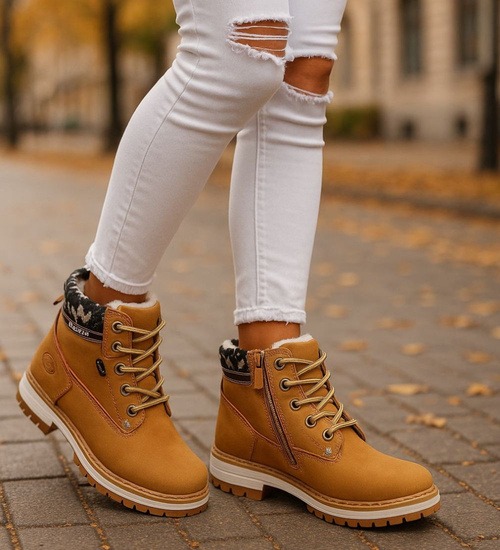 Ocieplane karmelowe botki trapery dziewczęce /G12-2 18296 T384/