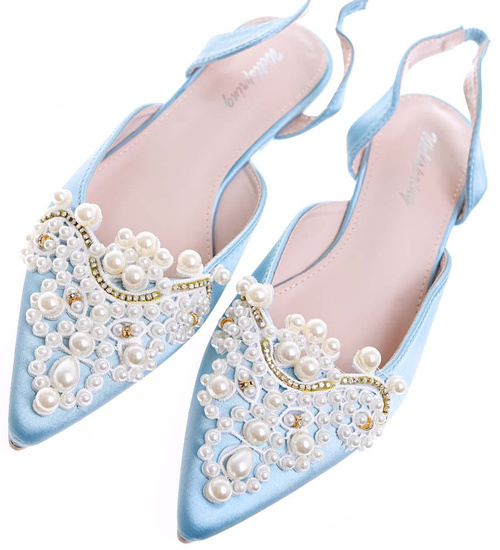 Niebieskie płaskie sandały z perełkami /C7-2 16364 G079/