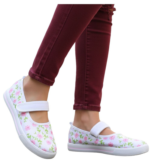 Materiałowe białe baleriny na rzepy /A4-1 16571  T187/