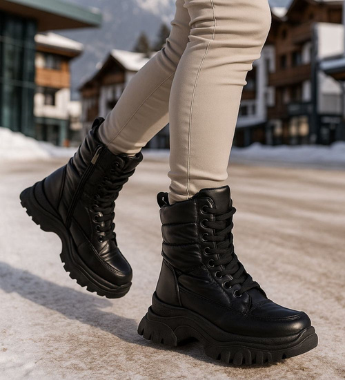 Sznurowane czarne śniegowce damskie /C7-1 18607 T366/