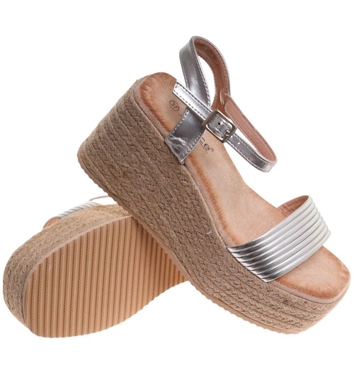 Sandały damskie na koturnie i platformie Srebrne espadryle /A9-1 17868 G187/