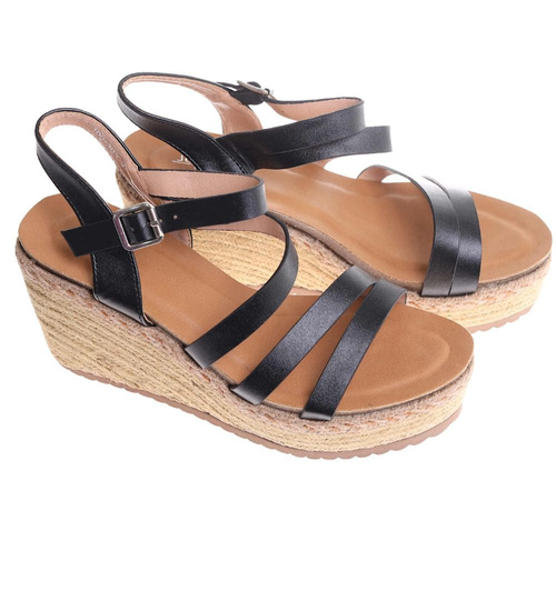 Sandały damskie na koturnie i platformie Czarne espadryle /C4-3 17832 G281/