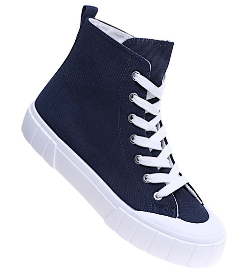 Granatowe wysokie trampki damskie z tkaniny /B3-3 15959  G157/