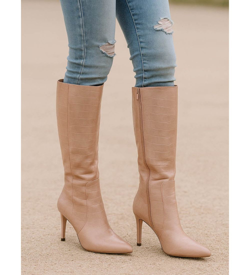 Beżowe kozaki damskie na szpilce /H2 16933 T282/