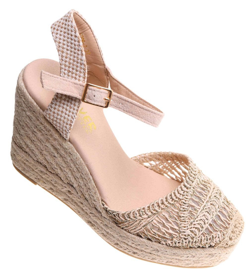 Sandały damskie na koturnie i platformie Beżowe espadryle /D1-1 17861 T582/