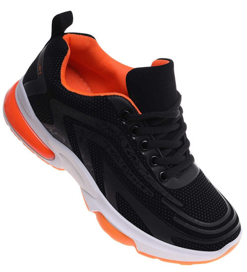 Sznurowane damskie buty sportowe Czarno pomarańczowe /G12-1 18089 T333/