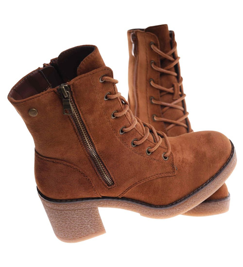 Karmelowe botki trapery na obcasie /F10-1 18231 W395/