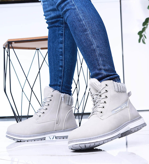 Ocieplane jasno szare trapery botki damskie /E3-1 15360 S595/