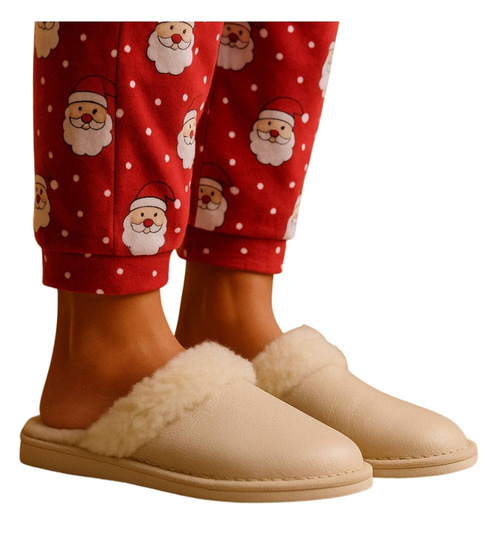 Skórzane beżowe kapcie damskie z wełną /D3-1 18465 S196/