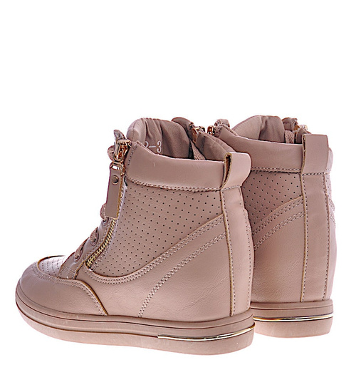 Beżowe sneakersy damskie na koturnie /B3-2 12826 T796/