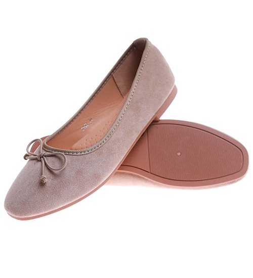 Zamszowe baleriny damskie z kokardą Ciemno beżowe /A9-2 17546 G133/